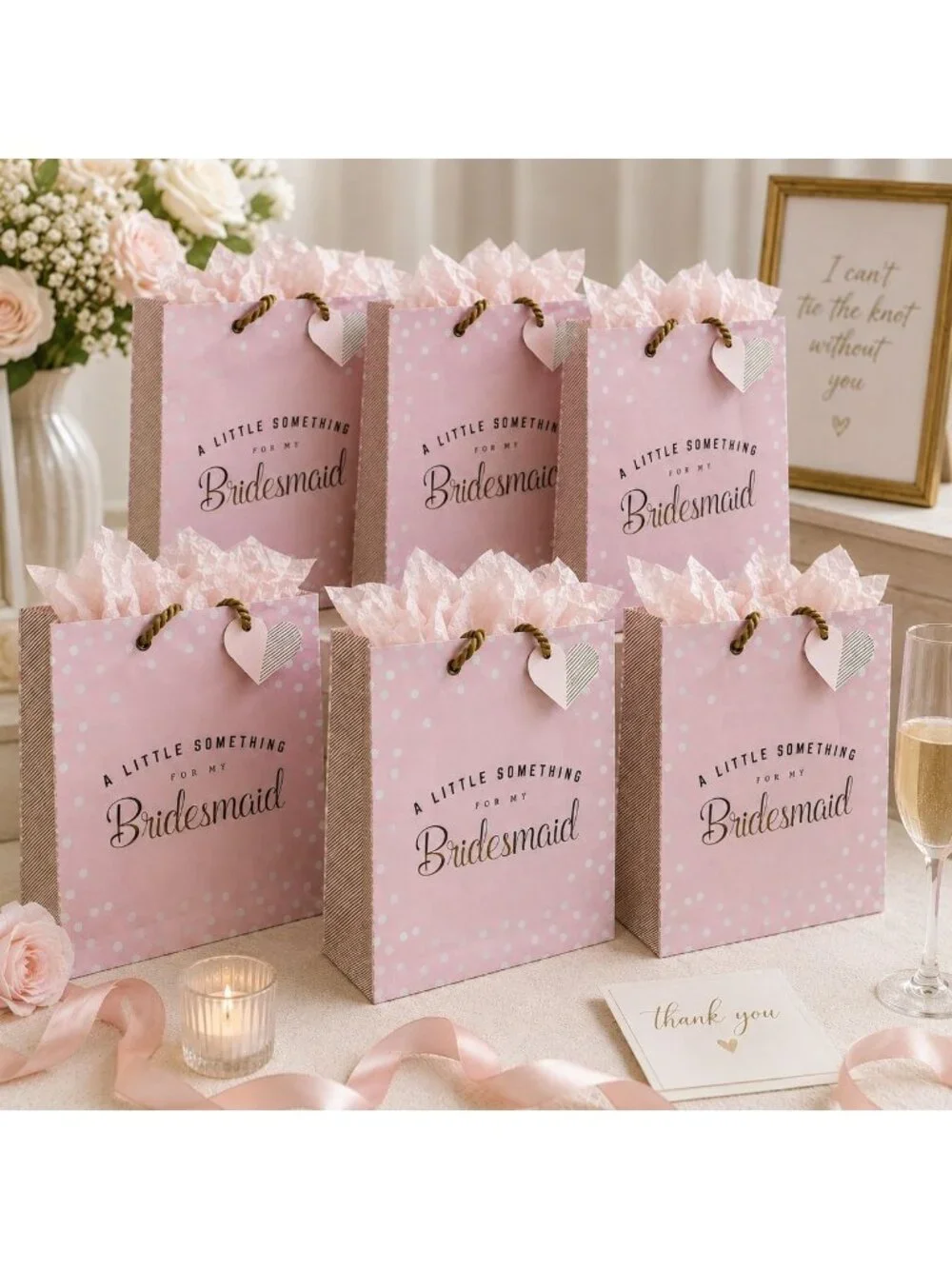 Bridesmaid Gift Bags Set of 6 Pink Polka Dot Bridal Shower Wedding Favor